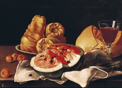 Glass of Wine, Watermelon and Bread by Luis Egidio Melendez